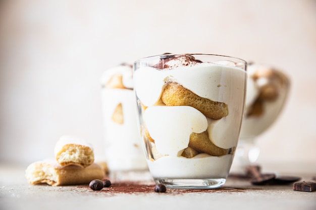 Traditioneel Italiaans dessert tiramisu Gedeelte dessert met koffiesmaak en cacaopoeder