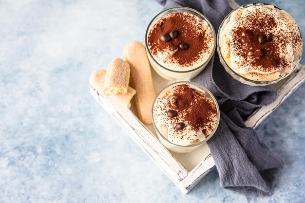 Traditioneel Italiaans dessert tiramisu Gedeelte dessert met koffiesmaak gedecoreerd met cacaopoeder