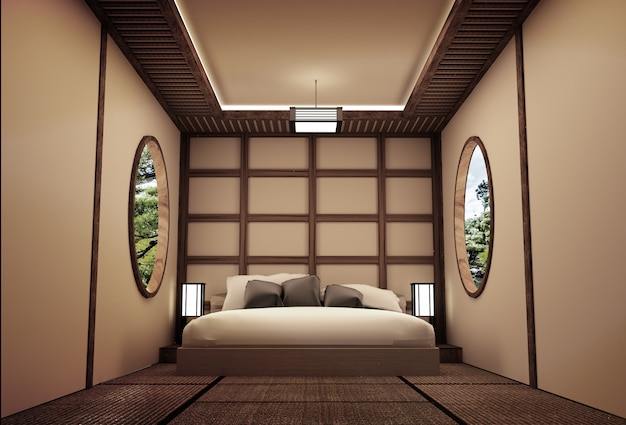 Traditioneel Japans slaapkamer interieurontwerp .3D weergave