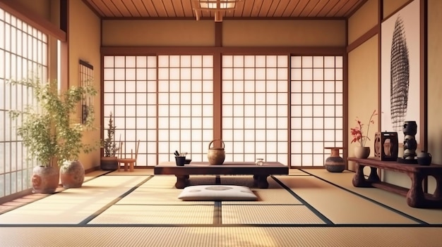 Traditioneel japans theezaal interieur met tatami matten