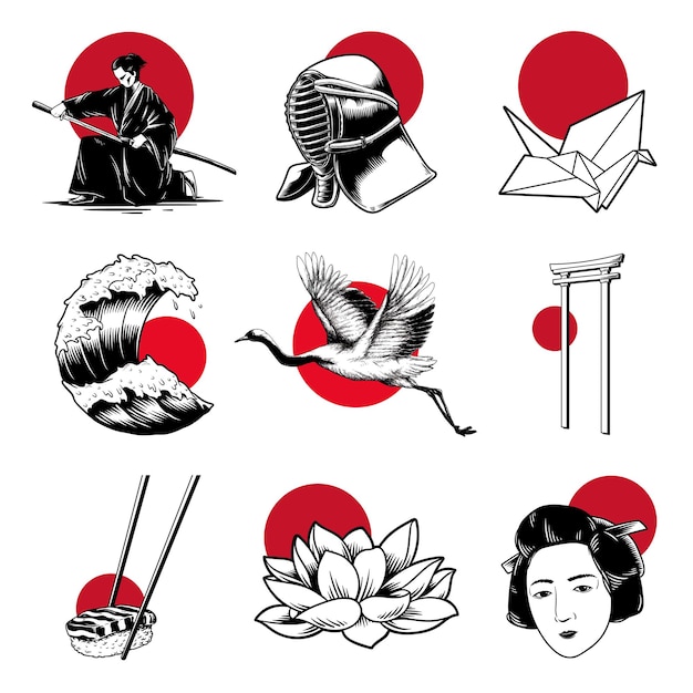 Traditioneel Japanse stickerontwerpelementen set