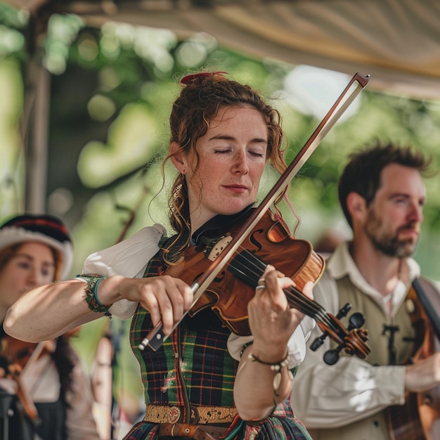 Traditioneel Keltisch Muziekfestival Vrouw speelt viool in Kilt