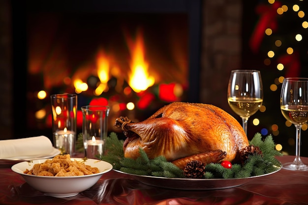 Traditioneel kerstdiner met geroosterde kip gebakken kalkoen op een feestelijke tafel met wijn en kaarsen voor een brandende open haard Oudejaarsavond in een gezellige kamer