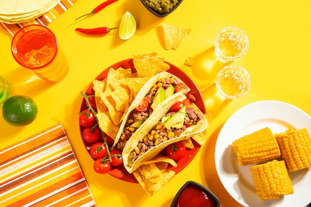 Traditioneel mexicaans eten maïs taco's met vlees groenten avocado bonen maïs salsa en nacho's geserveerd met verschillende sauzen en drankjes op gele achtergrond bovenaanzicht grote familiebijeenkomsten