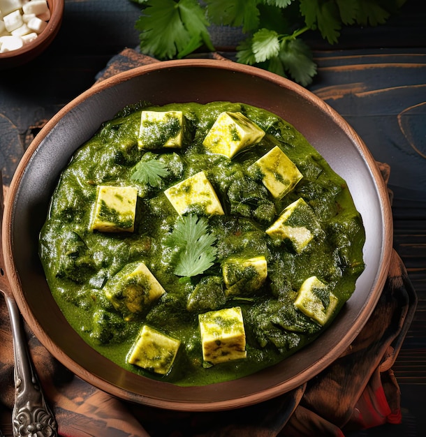 traditioneel nationaal Indiaas bord met vers bereide Indiase Palak Paneer met spinazie