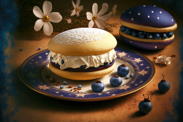 Traditioneel nieuwjaarsdessert whoopietaart met bosbessen en room