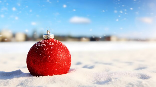 Traditioneel ornament van rode bal met kopieerruimte van de besneeuwde winter Generatieve AI