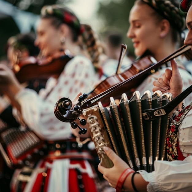 Foto traditioneel pools volksmuziekfestival vrouwen die samen muziekinstrumenten spelen
