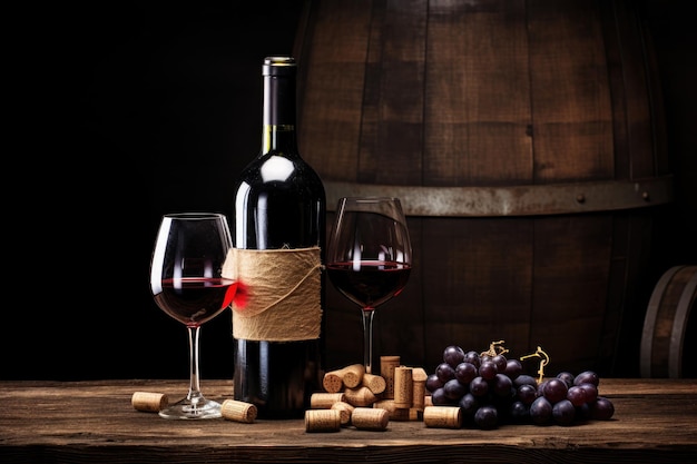 Traditioneel wijnbereidings- en wijnproeverijconcept tentoongesteld met fijne rode wijn en accessoires op een ru