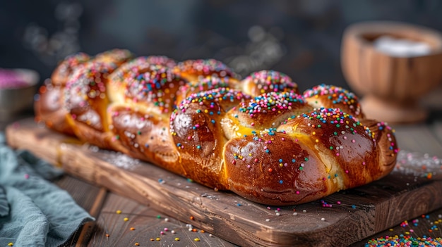 Traditioneel zoet gevlochten brood met kleurrijke sprinkles op rustieke houten achtergrond Perfect voor