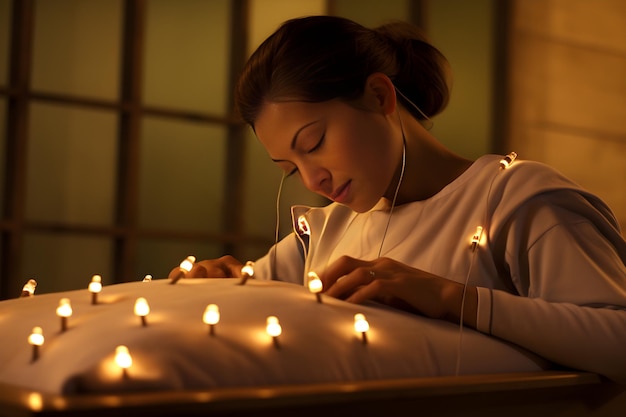 Foto traditionele acupunctuurtherapie vreedzame omgeving met patiënt die behandeling ondergaat