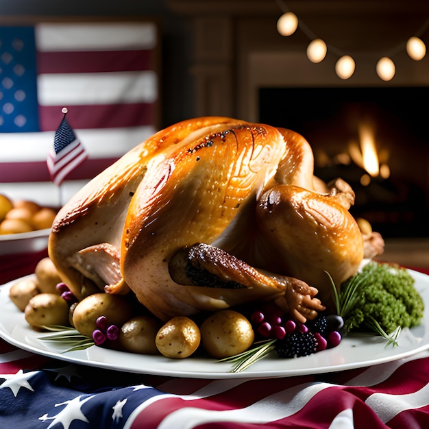 Traditionele Amerikaanse Thanksgiving Day Turkije Amerikaanse vlag op achtergrond Generatieve AI