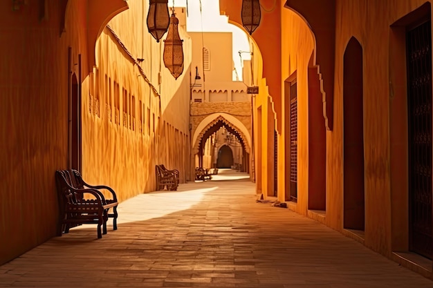 Traditionele Arabische straat Warme kleuren Traditionele historische wijk Arabische architectuur Midden-Oosten Oude stad Generatieve AI illustratie