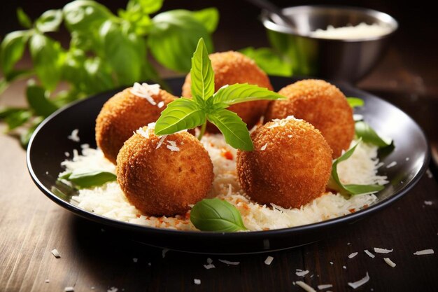 Foto traditionele arancini met parmezaanse kaas arancini op een italiaanse voedsel afbeelding