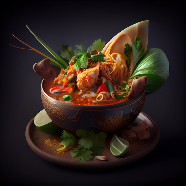 Foto traditionele aziatische gerechten samenstelling 3d-rendering illustratie