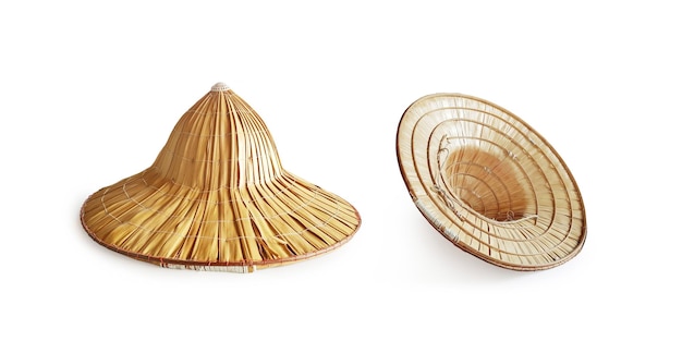 Traditionele Aziatische hoed geweven met palmbladeren op een witte achtergrond