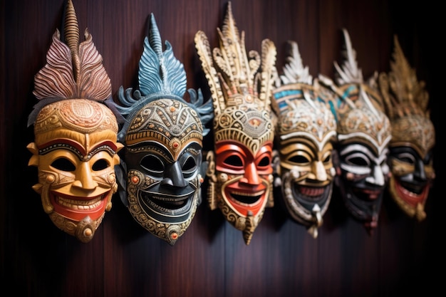 Traditionele Balinese maskers in een rij gemaakt met generatieve ai