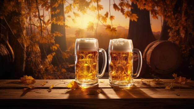 Traditionele bierkopjes vol tot aan de rand op een rustieke tafel Generatieve AI