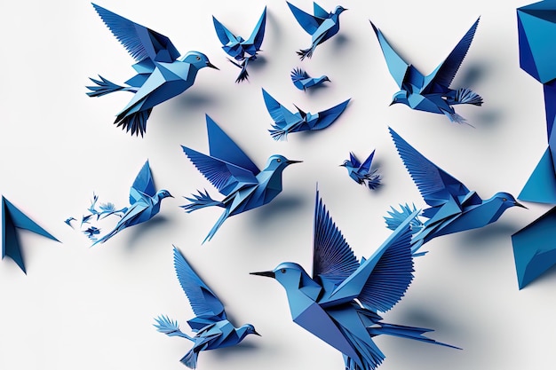 Traditionele blauwe origamivogels op een witte achtergrond