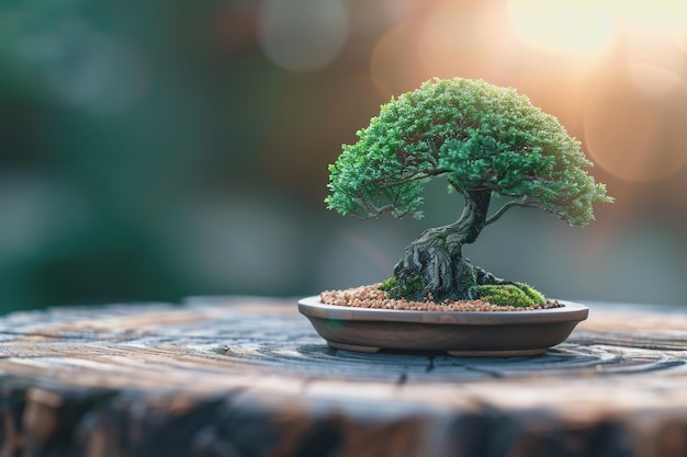 Traditionele bonsai boom op een houten eiken tafel rustige sfeer minimalisme kopieerruimte AI gegenereerd
