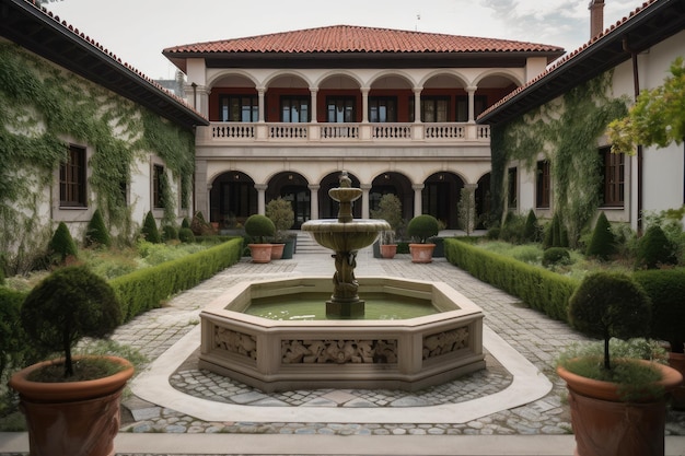 Traditionele buitenkant met tuin en fontein die adel en rust symboliseren