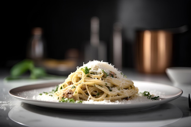 Traditionele Cacio e Pepe pasta geserveerd op een bord