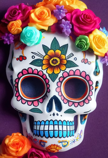 Traditionele calavera-suikerschedel versierd met bloemen de dag van de doden 3d-afbeelding