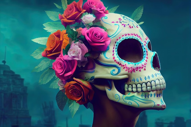 Traditionele Calavera-suikerschedel versierd met bloemen De dag van de doden 3D-afbeelding
