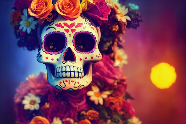 Traditionele Calavera-suikerschedel versierd met bloemen De dag van de doden 3D-afbeelding