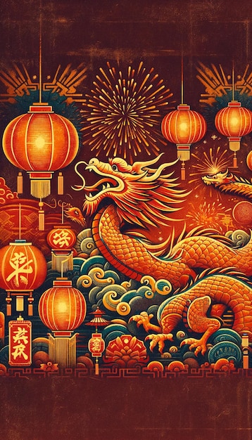 Traditionele Chinese draak met vuurwerk illustratie