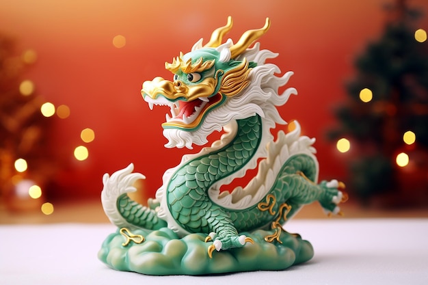 Traditionele Chinese draak op feestelijke gouden bokeh achtergrond Beeldje van een groene houten draak 2024 Nieuwjaarssymbool Chinees Nieuwjaar Kerstmis winter vakantie ansichtkaart Groene houten draak 2024