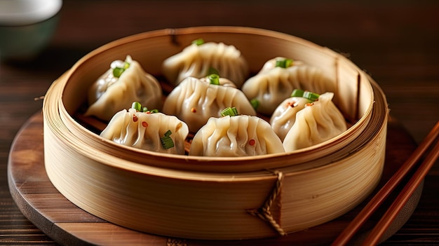 Foto traditionele chinese dumplings geserveerd in de houten bamboe stoomboot over ruwe houten achtergrond tafel