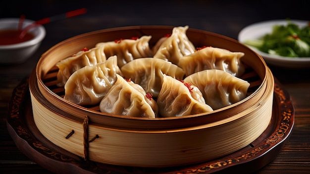 Traditionele chinese dumplings geserveerd in de houten bamboestomer over een ruwe houten achtergrondtafel