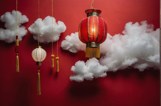 Traditionele Chinese lantaarn en wolk op rode achtergrond