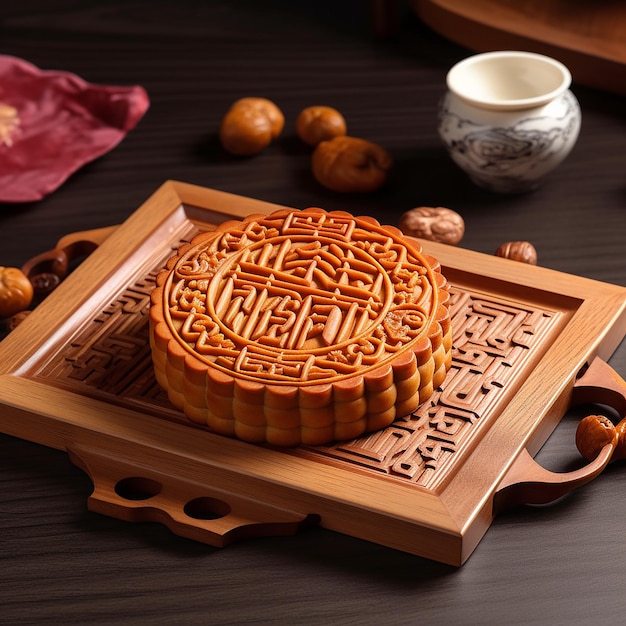 Foto traditionele chinese mid-autumn festival maankoek in hout