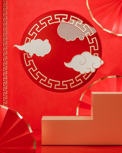 Traditionele chinese rode achtergrond met podium en wolkendecor voor productplaatsing 3d render