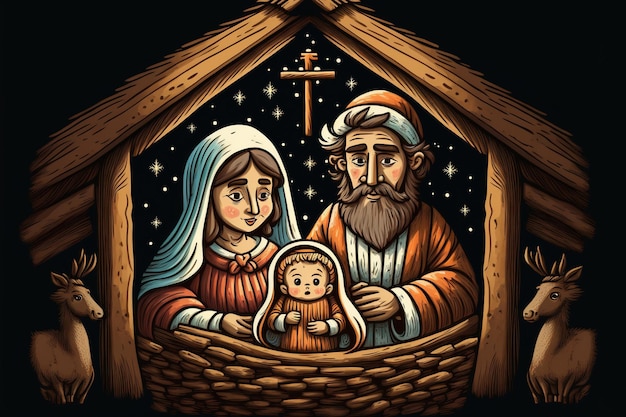 Traditionele christelijke kerststal met onder andere Maria en Jozef en het kindje Jezus in een kribbe