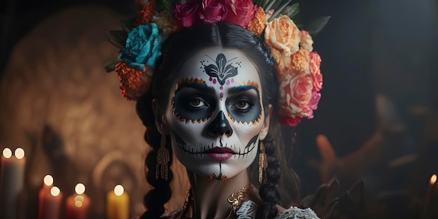Traditionele dag van de dode catrina make-up Dia de los muertos mexicaanse traditie mooie catrina AIGerated