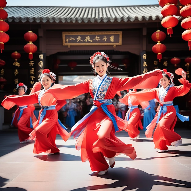 Traditionele dansvoorstelling van een jonge Chinese vrouw in oude kleding tegen de achtergrond van een oude stad