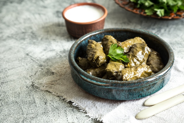 Traditionele dolma (sarma) in druivenbladeren met copyspace. de turkse griekse keuken van het midden-oosten van libanon.