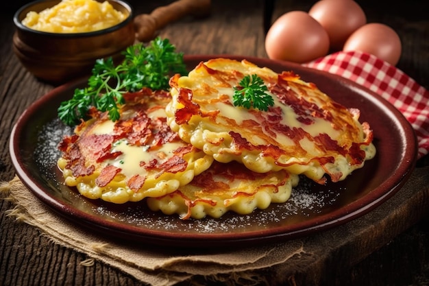 Traditionele Duitse gerechten in de vorm van aardappelpannenkoekjes met spek