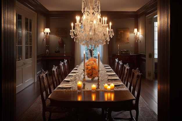 Traditionele eetkamer met grote tafel, elegante kroonluchter en kaarsenlicht