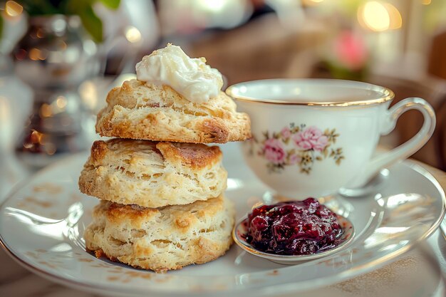 Foto traditionele engelse afternoon tea setting met fresh scones clotted cream berry jam en een