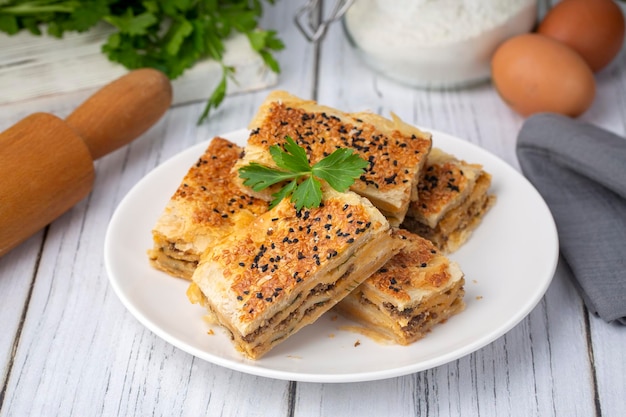 Traditionele heerlijke Turkse keuken Turks eten handgemaakte gehakt taart Turkse naam Kayseri Tandir boregi Tandir boregi of tava boregi