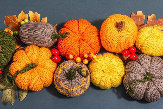 Traditionele herfst achtergrond Assortiment van gebreide pompoen handgemaakte concept