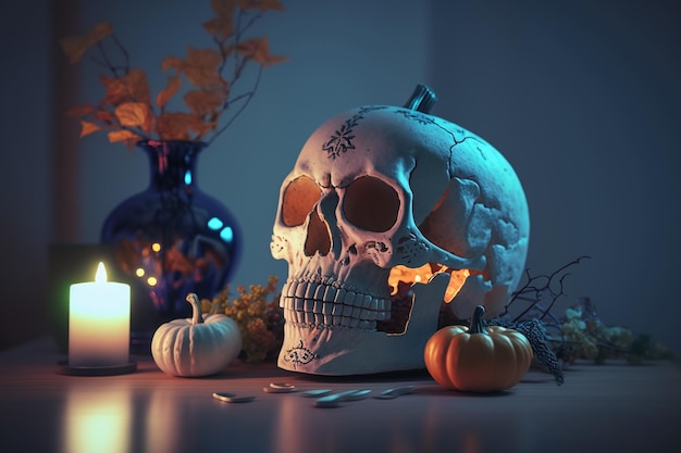 Traditionele herfstvakantie van Allerheiligen op 31 oktober Halloween-pompoen met kaarslicht De dag van geesten skeletten schedels de opstanding van de doden de ziel