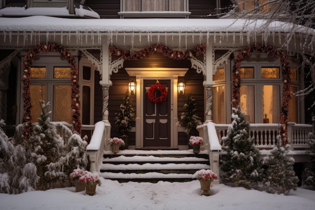 Traditionele huizen versierd met kerstslingers en verlichting