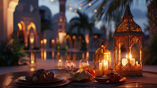 Foto traditionele iftar-artikelen tijdens de ramadan avond met een achtergrond van een moskee