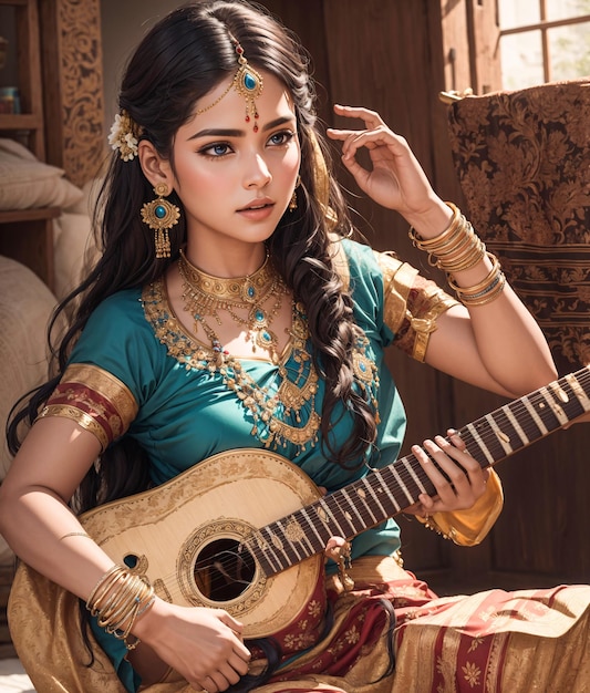 Traditionele Indiase vrouwen die de gitaar omarmen