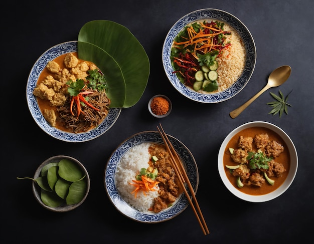 Foto traditionele indonesische keuken is gerangschikt vergezeld van decoratieve bladeren tegen een donkere